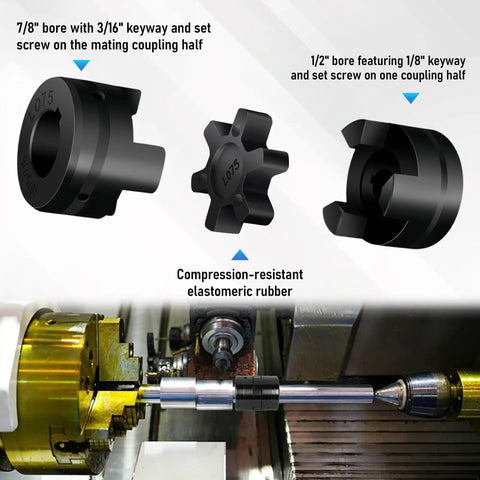 L075 Flexible L-Jaw Coupler For Log Splitter Pump 1/2 Inch To 7/8 Inch Shafts showing cast steel hubs and NBR rubber spider.