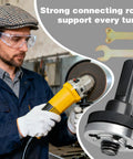 Man using Plug And Play Angle Grinder Connector Kit for Electric Drills with 10 to 13mm Chuck, showing connecting rod and wrench.