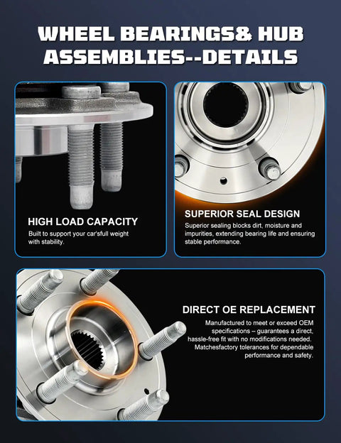 Front Or Rear Wheel Bearing And Hub Assembly Street Tested For Rolling Smooth and Heavy Duty Grip Compatible With Buick LaCrosse Regal Equinox XTS CTS Malibu Limited Models 2010 To 2017, showing high load capacity and superior seal design.