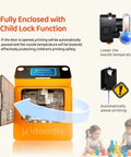 Kid Safe Mini 3D Printer With Enclosed Design featuring child lock, touchscreen, temperature control, with children playing nearby.