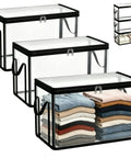 Built Like A Tank Large Clear Plastic Storage Bin With Heavy Duty Foldable Frame Reinforced Handles And A Secure Zippered Lid for neatly stored clothes.