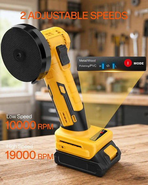 Heavy Duty Brushless Mini Circular Saw Goes Hard On Tough Stock Delivers Smooth Action Compatible With Standard 20 Volt Power Batteries Includes Six Killer Cutting Discs No Battery Or Charger Needed showing adjustable speeds and RPM settings.