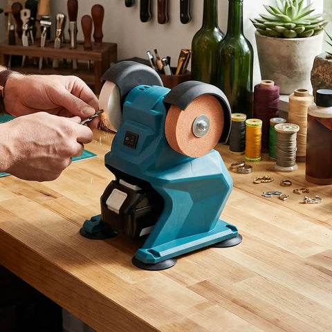 No Nonsense Cordless Mini Bench Grinder With Suction Cup Base And Mounting Holes 2.76 Inch Hole Polisher, blue, on workbench.