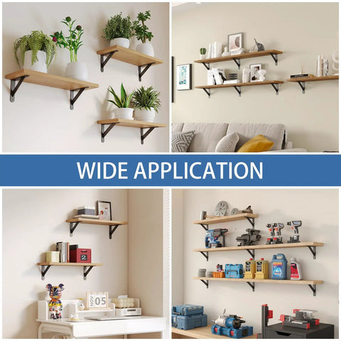 Built Tough As Nails 12X8 Inch Heavy Duty L Brackets For Shelves supporting wooden shelves with plants and tools for home organization.