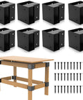 Beefy 8 Piece Workbench Bracket Kit With 64 Screws For DIY Work Table Built To Fit 2x4 Lumber Real Size 1.5x3.5 Inch Right Angle Corner Brackets Black For A Sturdy Shop Setup, showing brackets and screws alongside a wooden workbench.