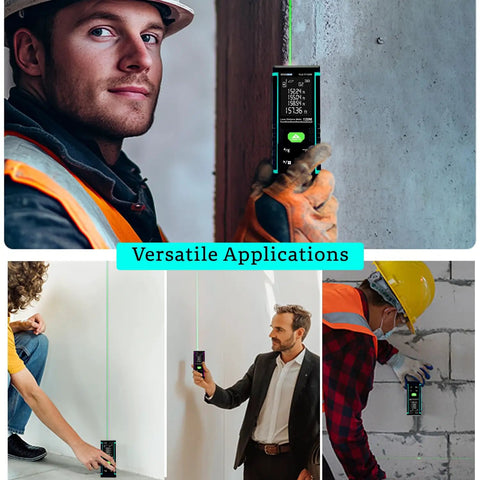 Hella Sharp Green Laser Distance Meter Hardcore Long Range Measuring Tool For Outdoor And Indoor Jobs Featuring Area Volume Calculations And Dead On Millimeter Accuracy used by contractors for precise measurements.