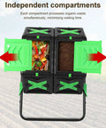 Dual Chamber Compost Tumbler For Outdoors, 2 Independent 70L Bins With No Fuss Setup, Portable Outdoor Compost Starter displaying one bin with fresh waste and the other with finished compost.