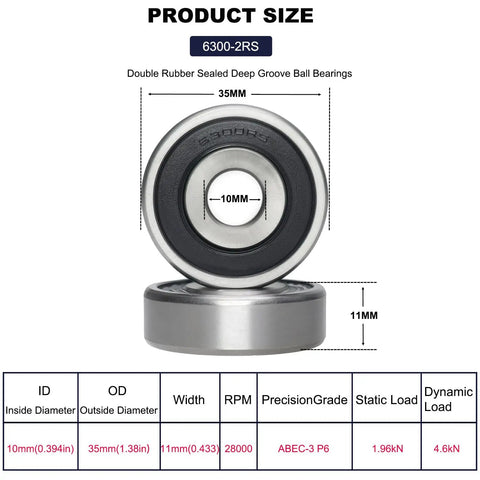 10 Pack 6300 RS Double Rubber Sealed Deep Groove Ball Bearings Pre Lubricated dimensions 10mm ID 35mm OD 11mm width for machinery