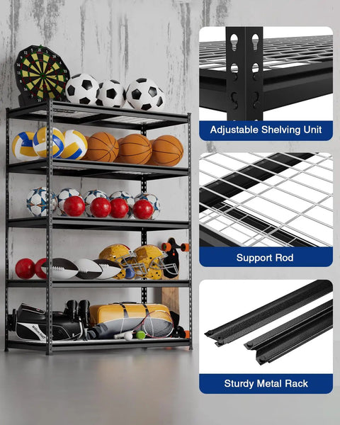 Built Tough Five Tier Heavy Duty Metal Shelving Unit With 4000 Lb Capacity, Adjustable Modular Rack displaying sports equipment.