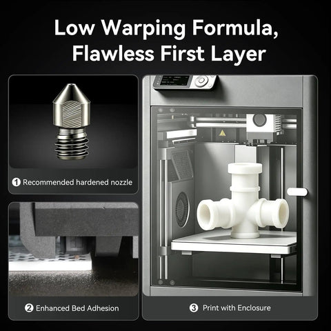 Badass Heavy Duty PA6 Nylon 3D Printer Filament 1.75mm 1Kg White Spool shown with smooth printed part and nozzles.