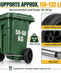 Haul Heavy Bins Like A Boss Without Breaking A Sweat Using This Tough Trash Wheel Replacement Kit Featuring Seven Inch Rubber Garbage Tires 18.8 Hollow Shaft And Quick Axle Swap For Smooth Outdoor Cart Mobility with green trash bin and rubber wheels.