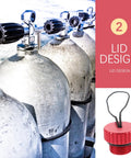 Scuba Tank Valve Cap Protector With Threaded Metal Valve Cover Red Dust Plug for Diving Regulator and Tank Accessories shown on tanks