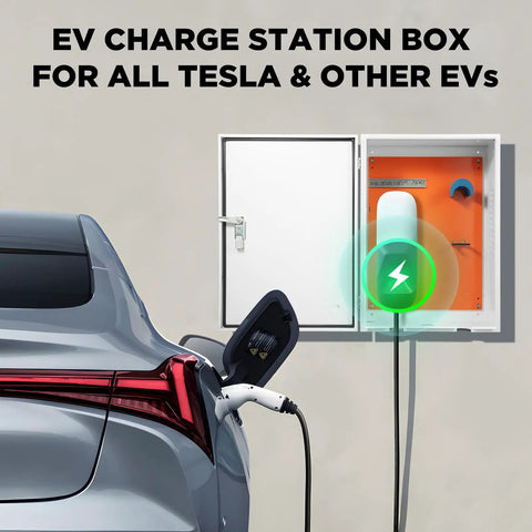 Top Tier Outdoor EV Charger Wall Box With Combo Lock Weather Shield Covers Tesla Byd And Xiaopeng EV Systems mounted on wall beside car.