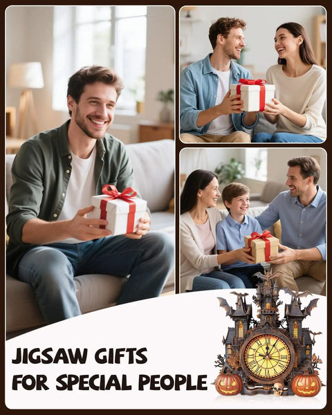 Collage of people exchanging gifts, Halloween Castle 3D Puzzle Clock Kit For Adults With Pendulum DIY Wooden Clock Puzzle featured.