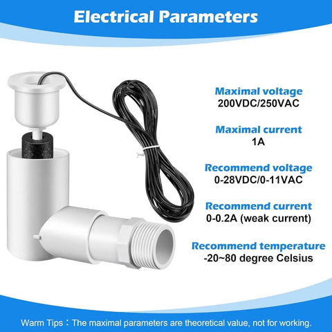 Technical specs of Six Pack Float Switch Kit For Easy Install And No Fuss Setup AC Float Switch With Three Quarters Inch Adapter