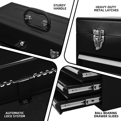 Heavy Duty Badass Four Drawer Steel Tool Chest With Smooth Ball Bearing Slides Lockable Latches And Scratch Resistant Liners, showing sturdy handle and metal latches.
