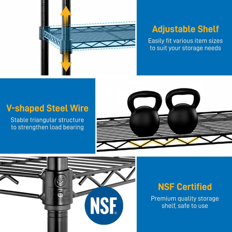 Heavy Duty Hella Sturdy Four Tier Metal Wire Shelving Unit With Adjustable Shelf Levels showing adjustable shelf and kettlebells.