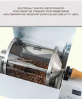 Rock Solid Home Coffee Roaster Featuring Quartz Heating Tube Adjustable Temperature Settings For Fresh Morning Beans Stainless Steel Electric Roasting Machine with coffee beans in glass drum.