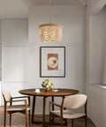 Boho Beaded Flush Mount Ceiling Light 3 Light Fixture In Rustic Antique White Wood Beads over dining table in cozy room
