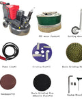Walk Behind Concrete Floor Grinder Workhorse With Twelve Head Planetary System 35.4 Inch Working Width Remote Control And LED Light For Epoxy Terrazzo Hardened Concrete 18.5 Kw 220V Three Phase with accessories including PVC water fender, guiding wheel, power line, grinding heads, resin sheets, sandpaper, adhesive plate, and wrench.