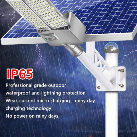 Hella Bright 10000W Solar Street Light With Remote Control IP65 Waterproof showing solar panel and light fixture during rain.