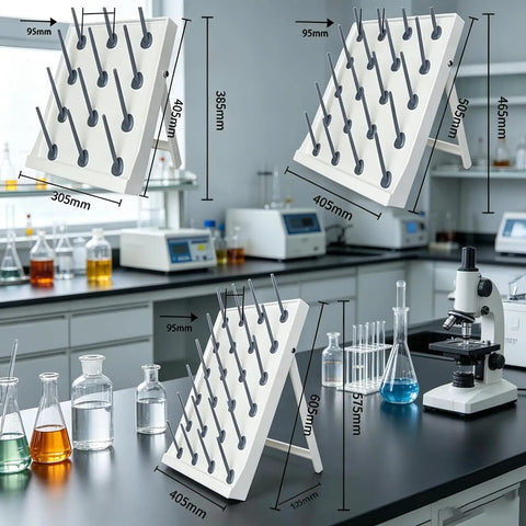 Mobile Laboratory Drying Rack With Detachable Drip Rod For Lab Glassware, heavy duty, 405mm height, polypropylene, on lab bench.