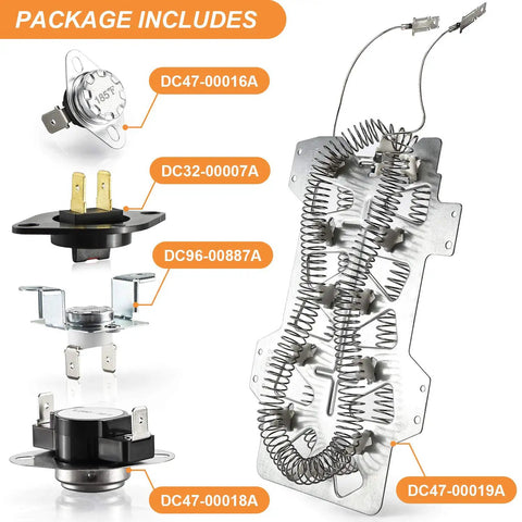 Back Up And Running Dryer Heating Element Replacement Kit 5300W 240V components including heater, fuse, sensor, thermostats.