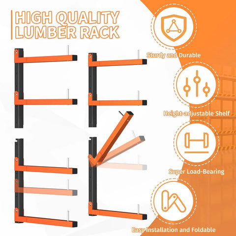 Hella Strong Wall Mount Lumber Rack With Eight Adjustable Levels Holding 1040 Lbs showing sturdy design and adjustable shelves for garage use.