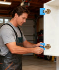 Person using Magnetic Hinge Alignment Jig For Quick No Drill Door And Cabinet Installations With Accurate 2mm Groove Guide