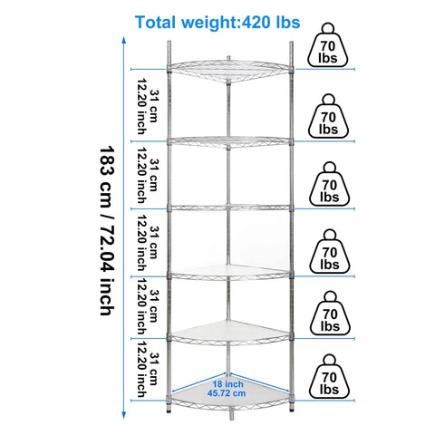 Built Like A Tank 6 Tier Metal Corner Wire Shelf With Waterproof Liners And Adjustable Leveling Feet Detachable Garage Storage Rack 183 cm tall