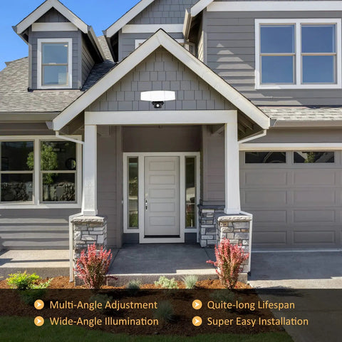 Plug In Motion Sensor Light With 3 Adjustable Heads 35W LED Outdoor Flood Light mounted on a grey house exterior under a porch.