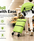 Slick Two In One Foldable Shopping Cart Featuring Smooth Rolling Wheels And Compact Collapsible Grocery Tote Plus Utility Hook For Hassle Free Supermarket Errands in green, showcasing smooth wheels and a stable base.