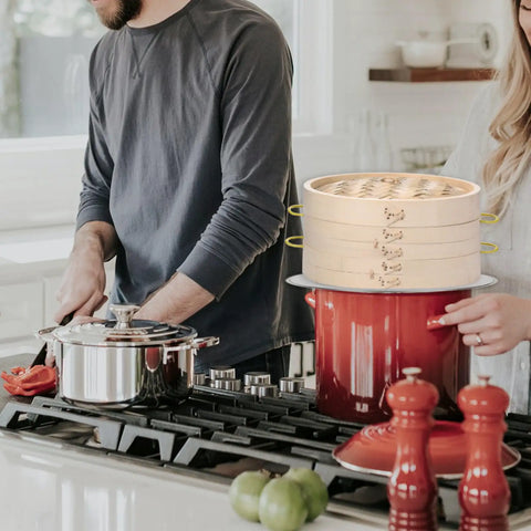 Cooking with Real Deal 10 Inch Bamboo Steamer Basket Set With Dome Lid Stainless Steel Ring Adapter Dough Roller Press Tools For No Sweat Homemade Dim Sum Buns.