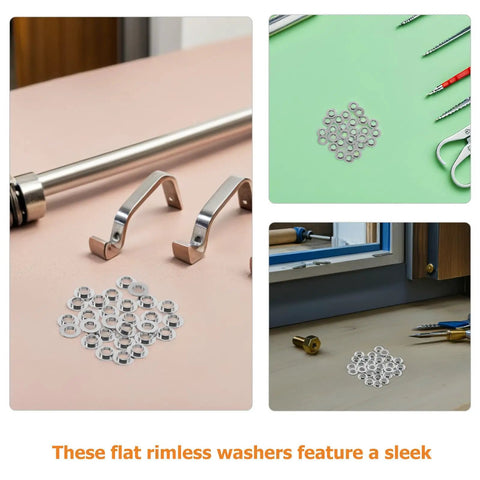 One Hundred Pack Stainless Steel Eyeglass Flat Washers on a table, showing sleek design for glasses frame repair.