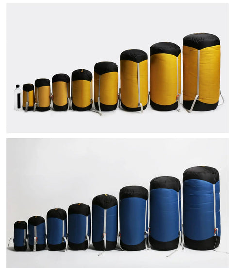 Ultralight Water Resistant Compression Stuff Sack For Sleeping Gear And Grab And Go Camping Essentials Outdoor Storage Bag In Sizes From 1.5L To 45L Ideal For Clothes Blankets Sleeping Bags Hats And Gloves 8L Blue with various size options in yellow and blue.