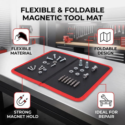 Magnetic Tool Mat With 40 Lb Holding Power Flexible Foldable Parts Tray PVC Coated For Auto Repair Shop Garage Organization 9.6x11 Inch Keeps Screws Bolts And Tools From Slipping, black and red on workbench