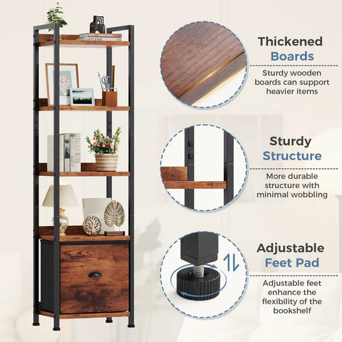 Brown Five Tier Bookshelf With Fabric Drawer And Slim Vertical Storage Rack For Tight Living Room Spaces showcases thickened boards and a sturdy structure.