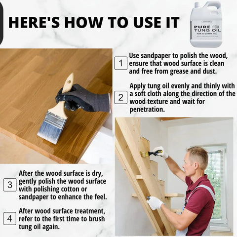 Pure Tung Oil For Wood Finish With Included Brush, No Fuss Food Grade Outdoor Sealer instructions with oil bottle and brush
