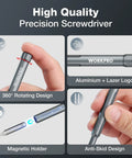60 In 1 Precision Screwdriver Set With Magnetic Pop Up Case CRV Bits Mini Drivers For Fixing Phones Watches Laptops And Gadgets The Real Deal For Any Electronics Repair Job 360 Spin Head Design showing aluminum precision screwdriver with magnetic holder.