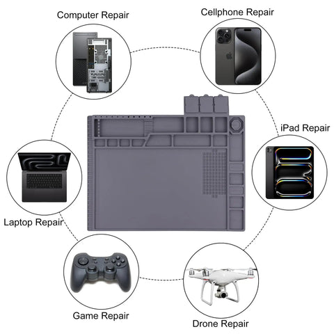Tough As Nails Heat Resistant Soldering Mat With Integrated Scale And Heavy Duty Magnetized Tray For Phone And Laptop Fixes in gray.