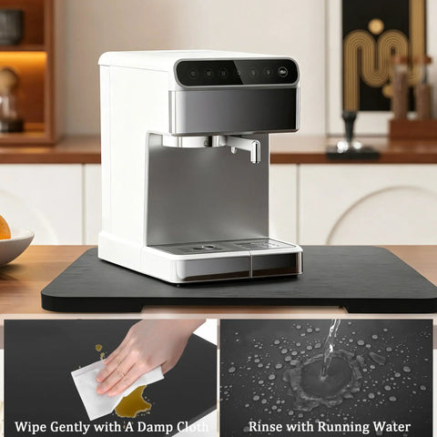 Premium Bamboo Appliance Slider Tray With Universal Rotating Wheels For Countertops And Drawers under a coffee maker.
