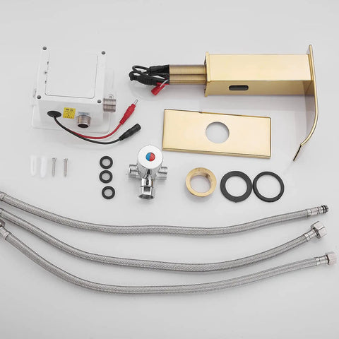 Automatic Sensor Touchless Bathroom Sink Faucet In Polished Gold With Drain Assembly And Vanity Mount Hands Free Waterfall Tap Temperature Mixer Control Box Hot And Cold Hoses components