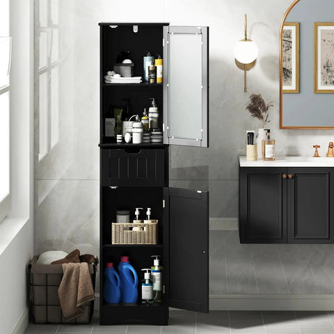 Zero Fuss Top Tier Heavy Duty Sixty Seven Inch Tall Bathroom Storage Cabinet Freestanding Linen Tower With Two Doors And One Drawer Five Tier Adjustable Shelves Slim Floor Organizer For Home Black in a stylish bathroom setting.