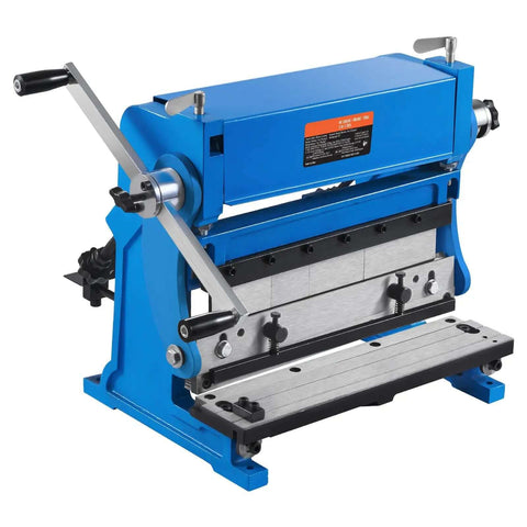 Front view of blue 12 Inch 3 In 1 Sheet Metal Brake Shear Roll Machine with 20 Gauge Capacity for bending, shearing, and rolling tasks.