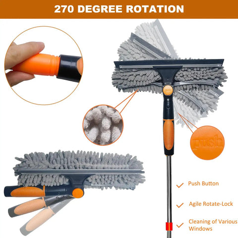 All in One Window Cleaning Kit With Twenty Foot Reach Squeegee Duster and Rotatable Pole close-up of 270-degree rotation feature