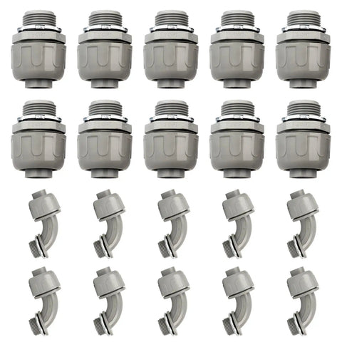 Three Quarter Inch Heavy Duty Liquid Tight PVC Conduit Connector Set Non Metallic NPT Fittings Includes Straight And 90 Degree Angles Nylon 6 UL Listed Grey 20 Pack
