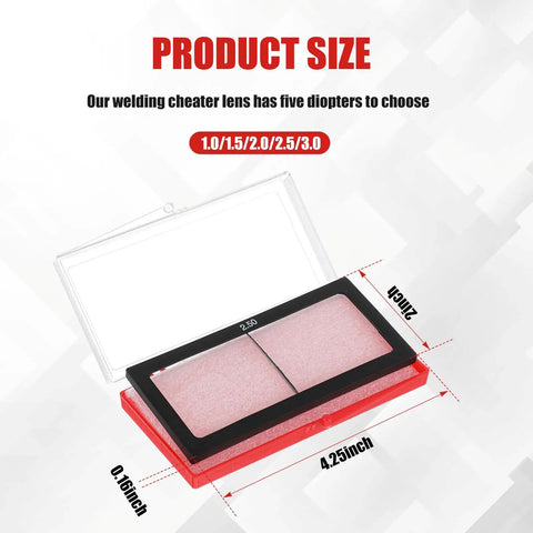 Heavy Duty Welding Cheater Lenses Deliver Badass Clarity Across Five Solid Diopters From 1.0 To 3.0 Sized At 2 By 4.25 Inches Of Tough Tempered Glass Engineered For Seamless Fabrication And Zero Sweat Shop Floor Reliability, showing product size and diopters.