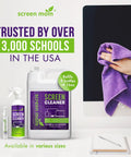 1 Gallon Screen Cleaner Refill With Dispensing Tap For Streak Free Screens shown with spray bottle, cloth, and electronic device.