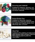 Tough As Nails Zero Fuss Abrasive Buffing Wheel Kit For Rotary Tools Featuring One Inch Radial Bristle Discs With 3mm Shank for polishing, cleaning, and rust removal.