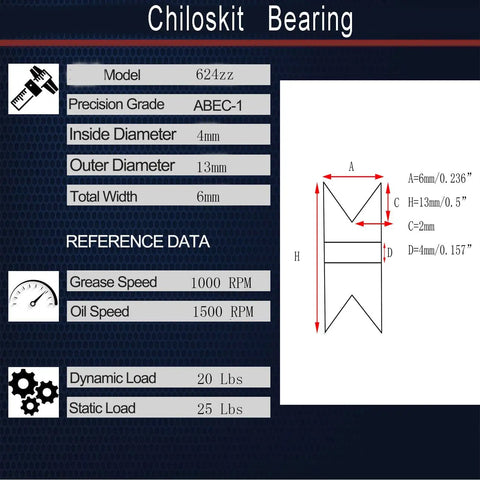 Chiloskit 624zz bearing specifications with dimensions 4mm inside diameter, 6mm width, and 13mm outer diameter.
